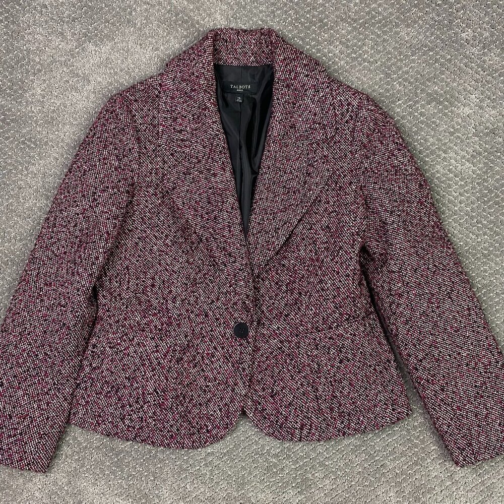 Talbots Blazer Jacket Womens 14P Burgundy Red Tweed Notch Label Marled 14 Petite